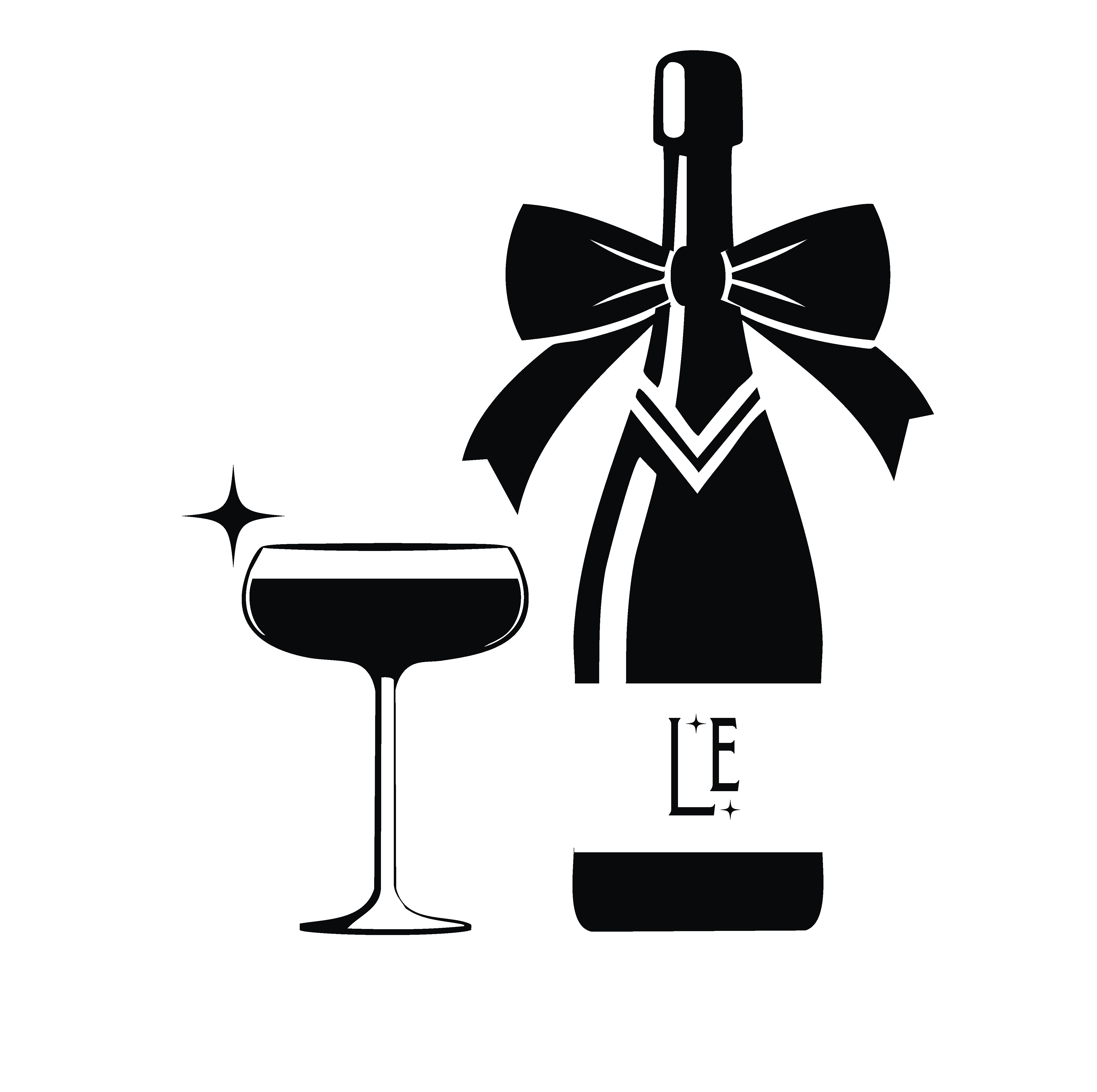 Illustration of a champagne bottle with a bow, labeled 